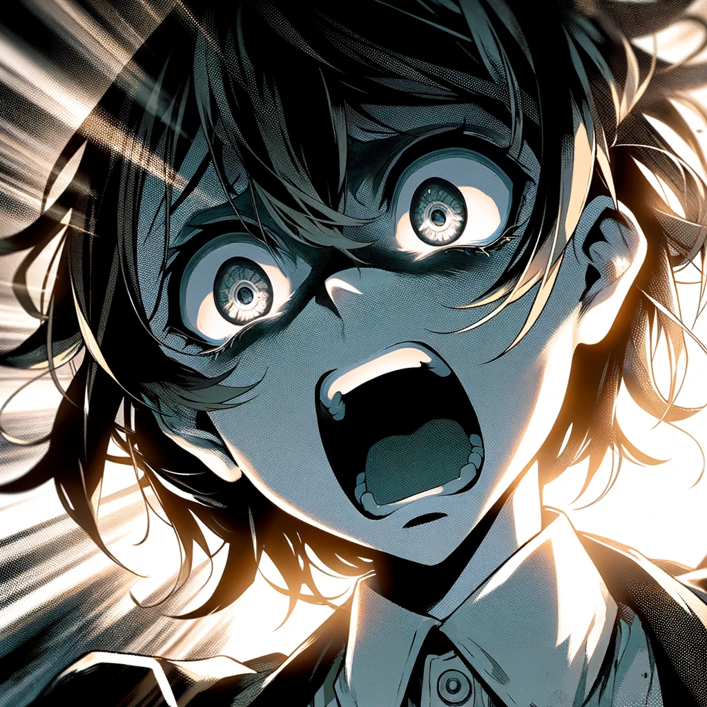An anime-style illustration of a girl screaming in terror. The scene is dramatic, with her eyes wide open in fear and her mouth agape. Shadows play across her face, enhancing the expression of sheer terror. Her hair is disheveled, adding to the chaos of the moment. The background is blurred, focusing all attention on her intense emotional state. 