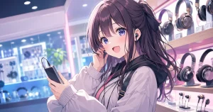イヤホン専門店でイヤホンをつけるゲーマー風の女の子のイラスト