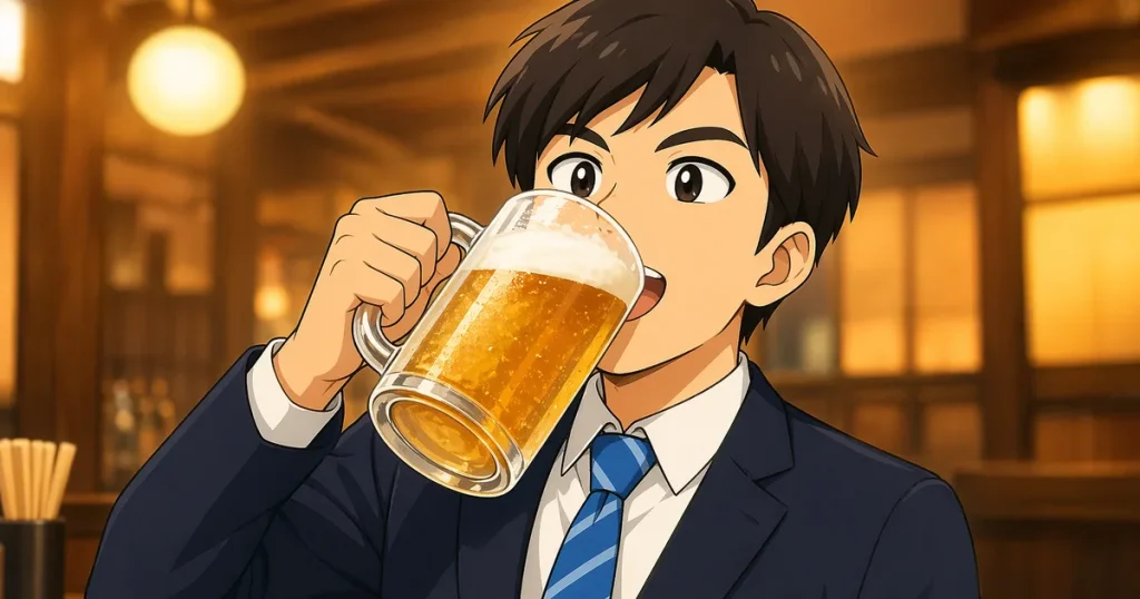 ビールをジョッキで飲むスーツ姿の若い男性イラスト