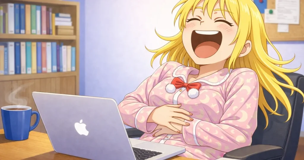 パソコンの前で大笑いする金髪の女性のイラスト