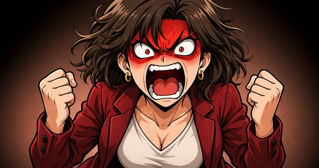 隣人トラブルへの怒りを表す赤面して叫ぶ女性イラスト