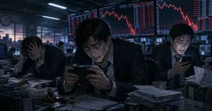 早朝の証券オフィスで疲弊しながら端末を握るスーツ姿の社員たちと、暴落チャートが並ぶアイキャッチ画像