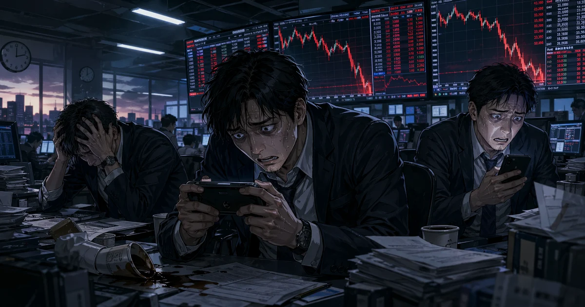早朝の証券オフィスで疲弊しながら端末を握るスーツ姿の社員たちと、暴落チャートが並ぶアイキャッチ画像