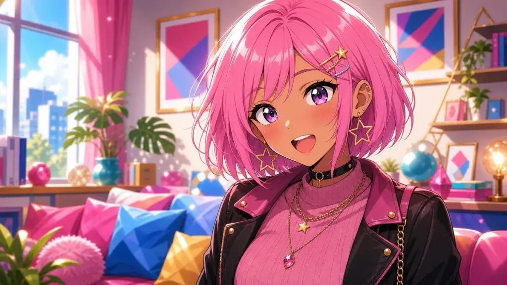 ピンク髪でアクセサリーをつけた派手なギャルが優しいオタクの魅力に気づくアニメ調イラスト