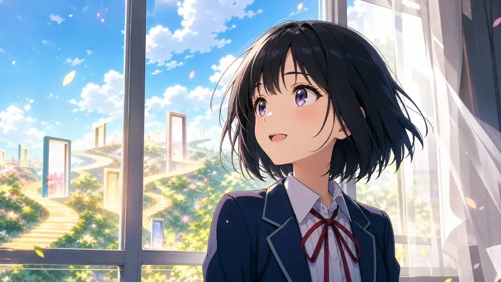 飽きっぽさが探索力だと気づいて明るく前を向く黒髪少女のアニメ調イラスト