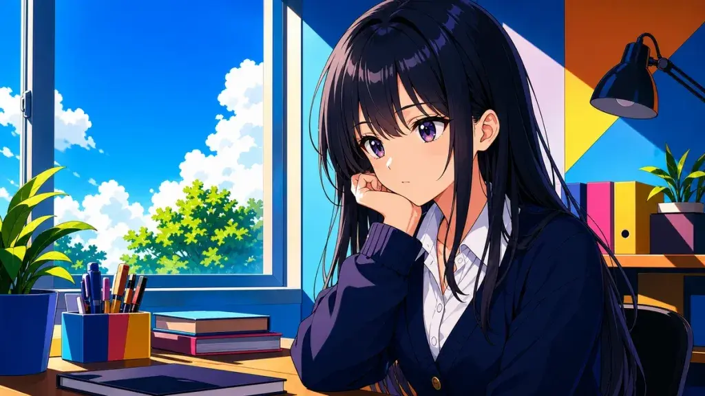 静かな部屋で自分の内側の優しさに気づく黒髪少女のアニメ調イラスト