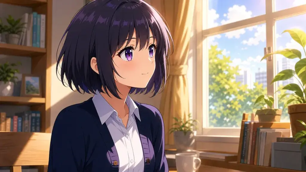 窓辺の部屋で自分の違和感が才能だと気づく黒髪少女のアニメ調イラスト