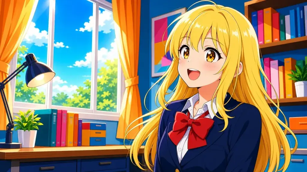 明るい部屋で自分の家時間の才能に気づく金髪少女のアニメ調イラスト