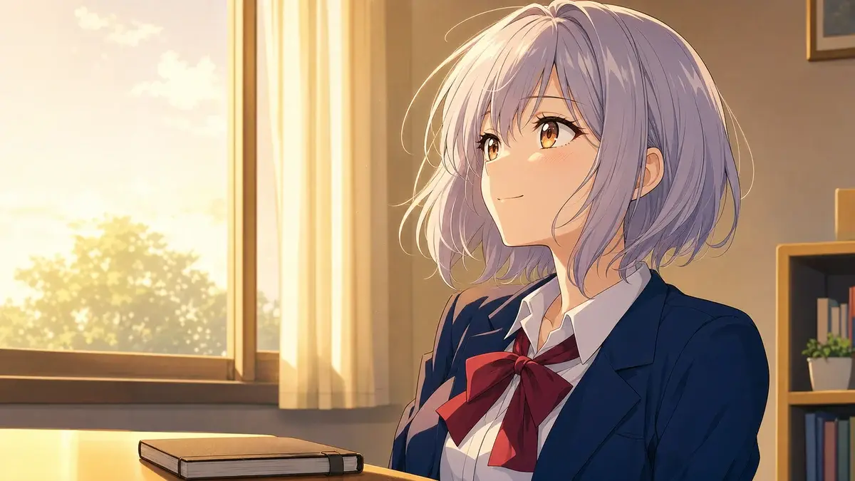 窓辺で少ない友達を責める気持ちから自分の知性に気づく銀髪少女のアニメ調イラスト