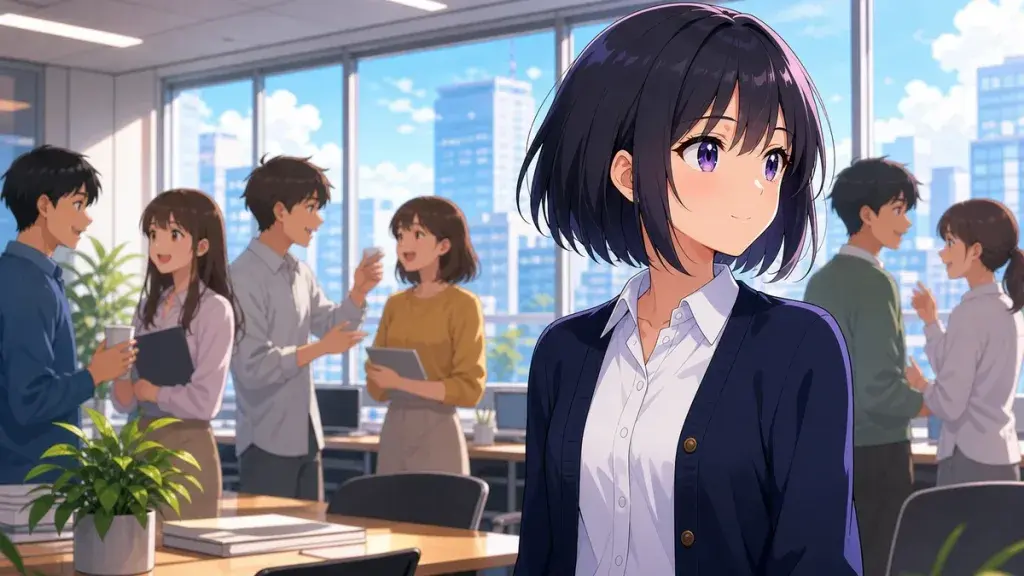明るいオフィスの集団で少し離れて立つ黒髪少女のアニメ調イラスト