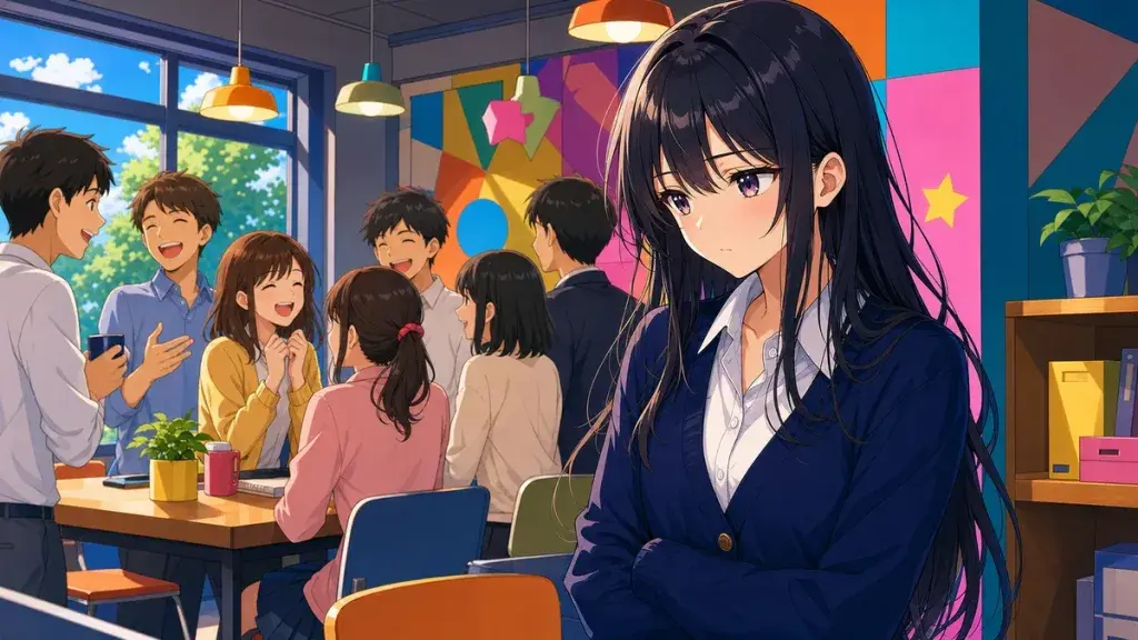 にぎやかな集団の中で無愛想だと誤解される黒髪少女のアニメ調イラスト