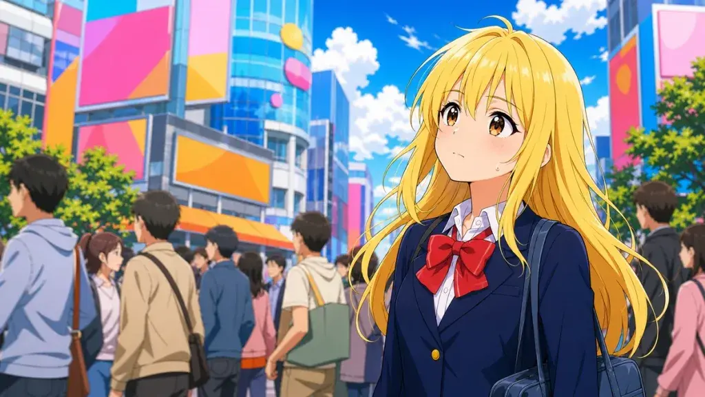 にぎやかな街で刺激の多さに少し疲れる金髪少女のアニメ調イラスト