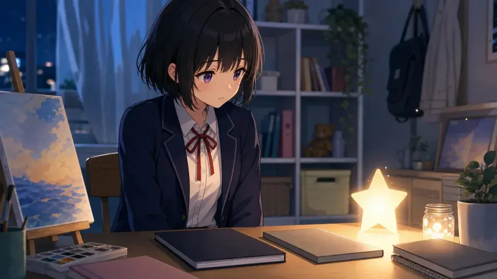 机で続かなかった自分を責めながらも小さな光に気づく黒髪少女のアニメ調イラスト