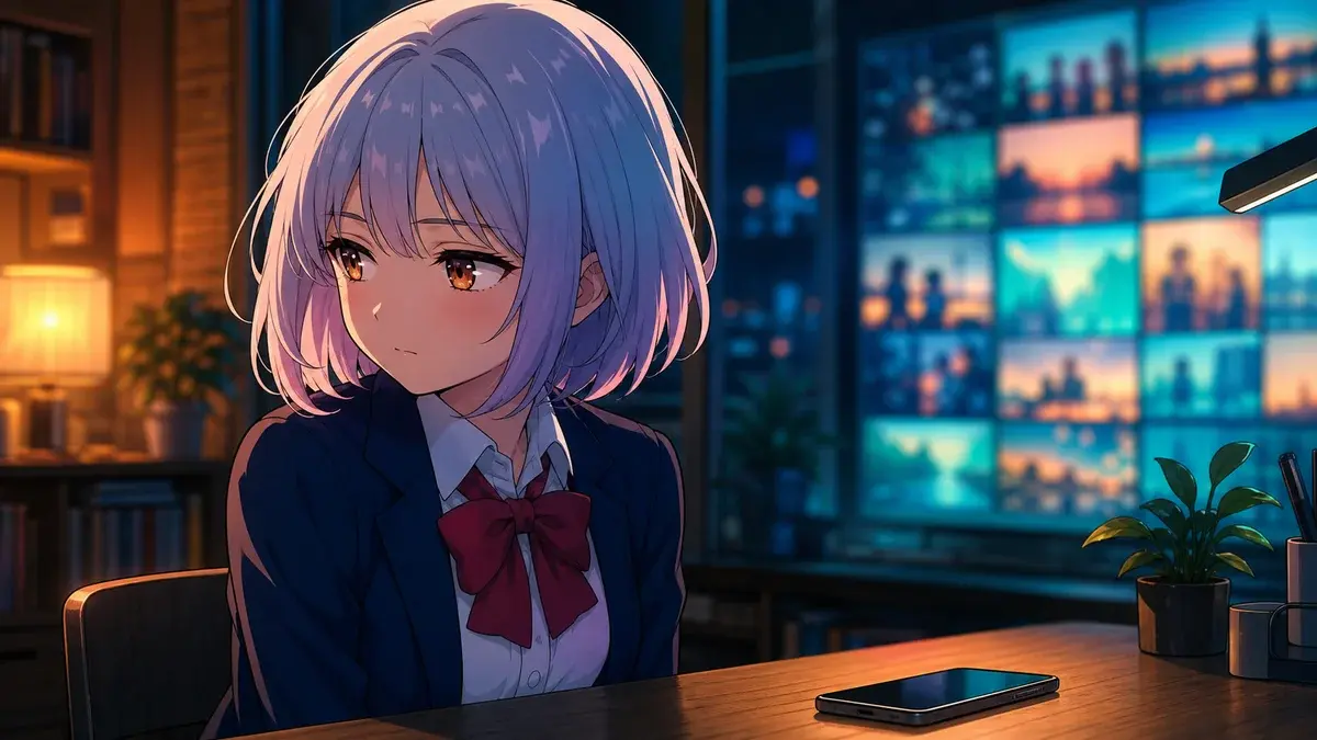 SNSや集合写真の気配から距離を置いて考える銀髪少女のアニメ調イラスト
