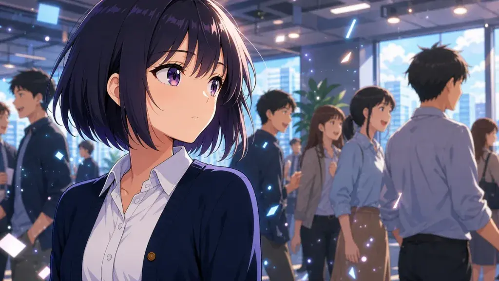 にぎやかな集団の中で小さな違和感に気づく黒髪少女のアニメ調イラスト