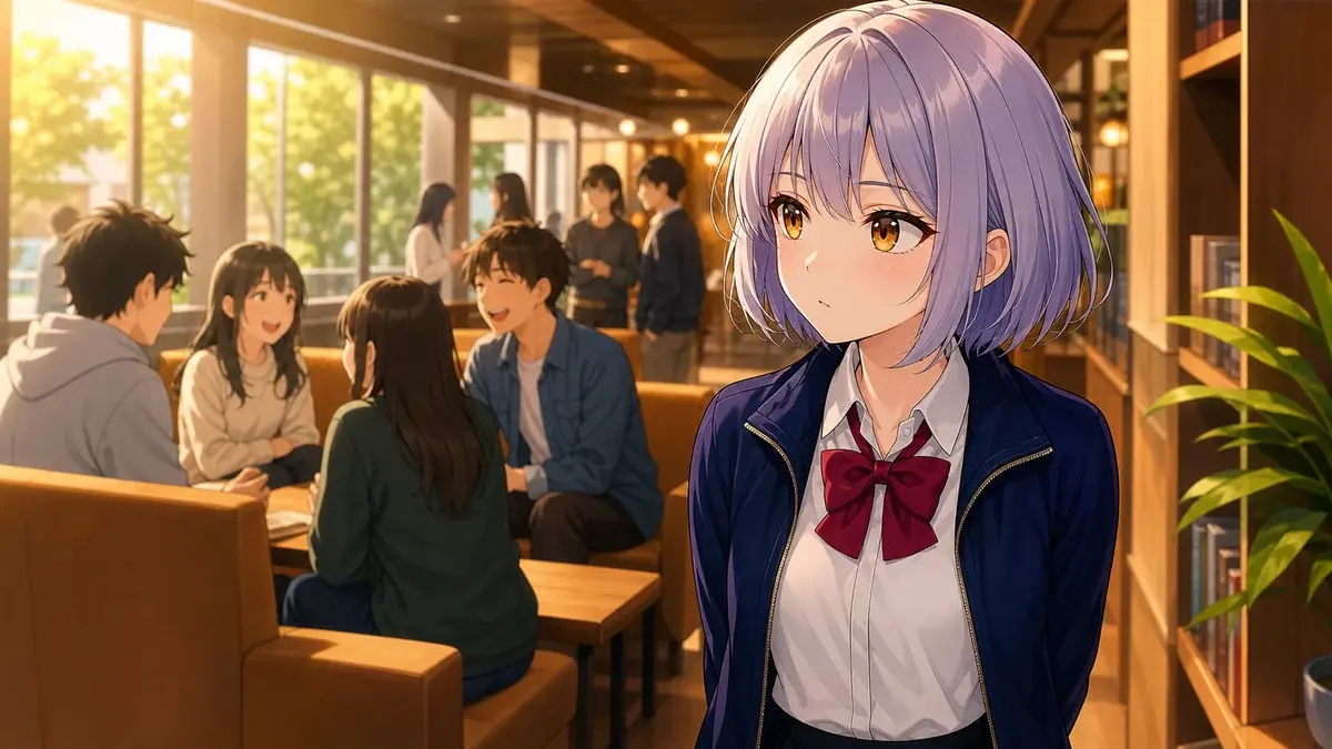 にぎやかな集団の端で静かに観察する銀髪少女のアニメ調イラスト