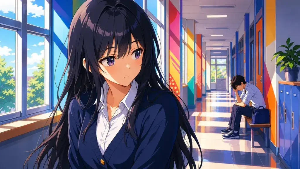 廊下で困っている人に気づく黒髪少女のアニメ調イラスト