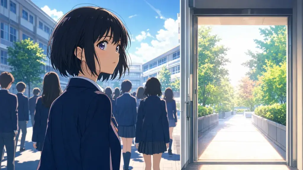 同じ道を進む集団の横で自分だけ違う入口を見つける黒髪少女のアニメ調イラスト