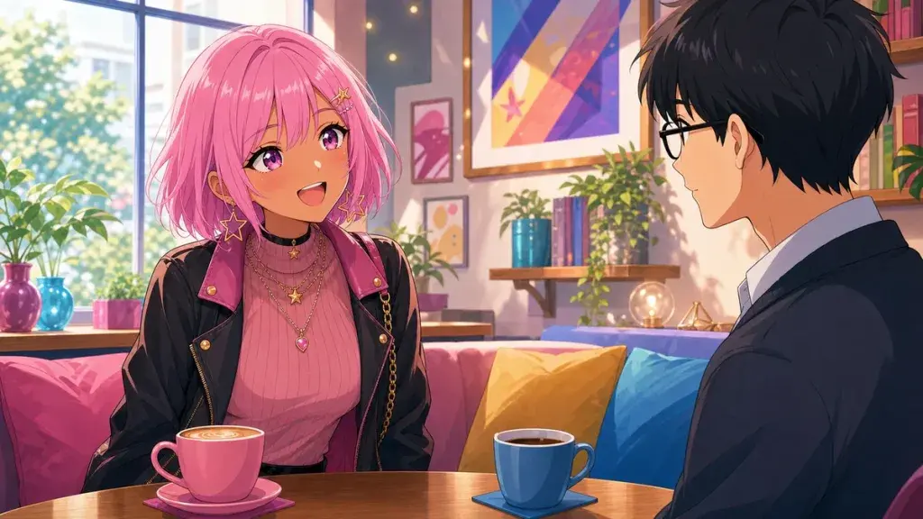 カフェで優しいオタク青年に安心して話すピンク髪ギャルのアニメ調イラスト