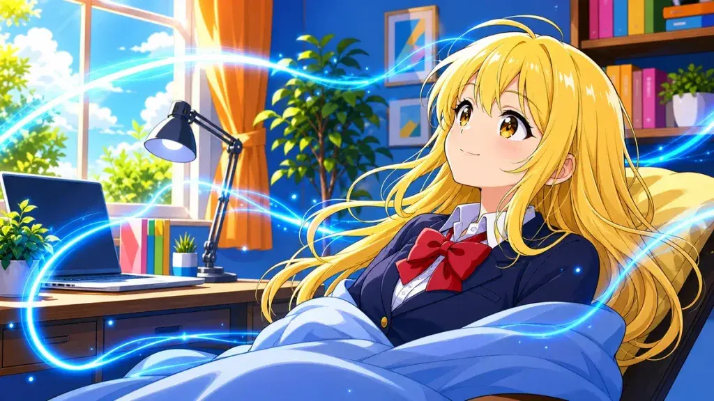 静かな部屋で涼しい光に包まれて回復する金髪少女のアニメ調イラスト