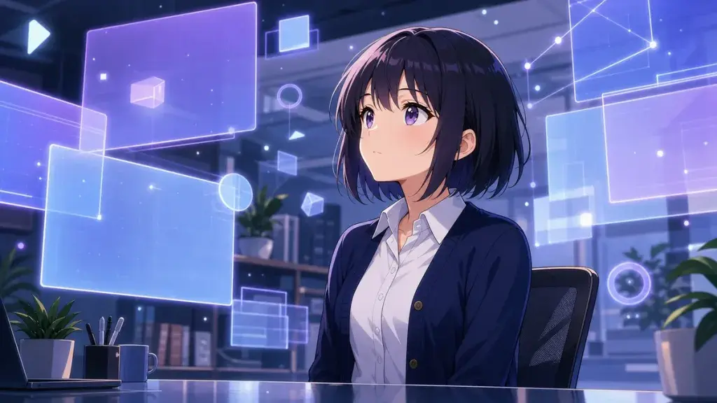 抽象的なAIパネルを前に問いを考える黒髪少女のアニメ調イラスト