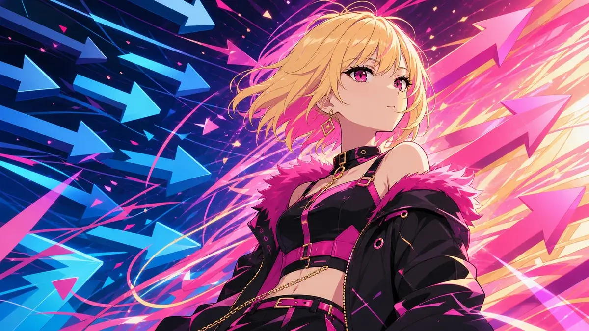 同調圧力の抽象的な矢印に囲まれても自分の目を失わない金髪ギャル少女のアニメ調イラスト