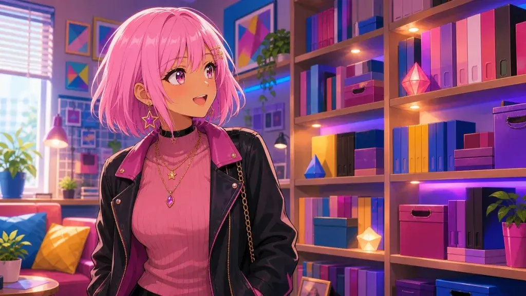 抽象的な本棚を見て人の好きなものに興味を持つピンク髪ギャルのアニメ調イラスト