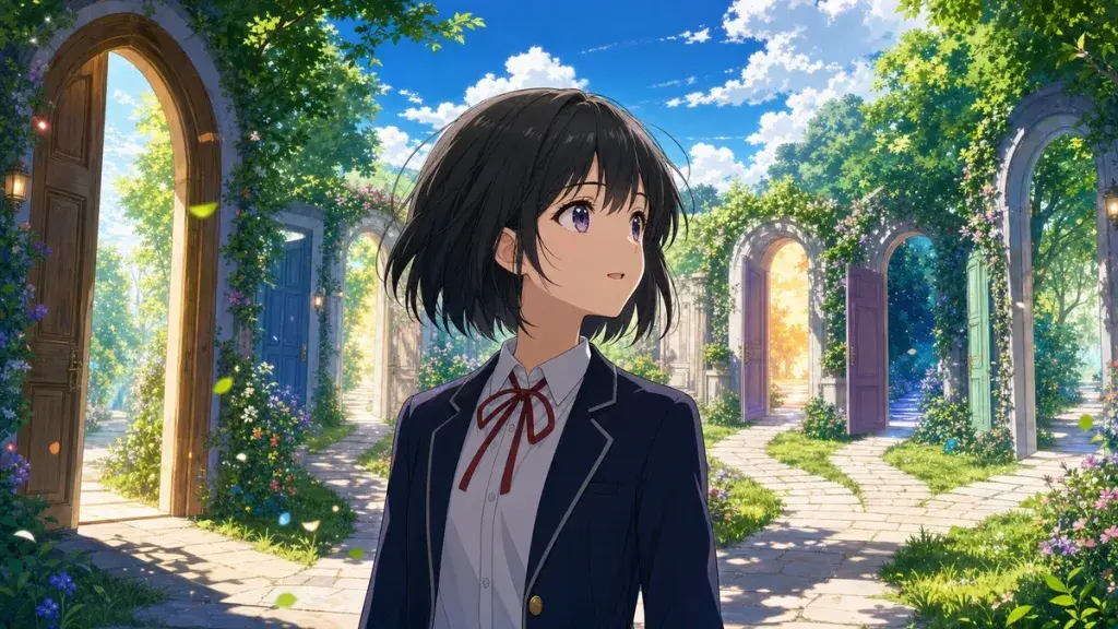 たくさんの扉を見比べて新しい挑戦を選ぶ黒髪少女のアニメ調イラスト