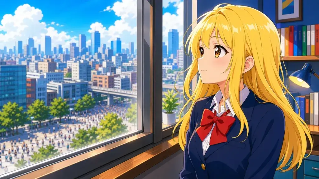 窓辺から都会を眺める金髪少女のアニメ調イラスト