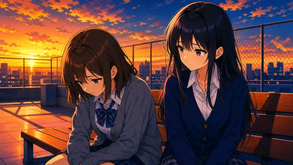 落ち込む友人の隣で静かに寄り添う黒髪少女のアニメ調イラスト