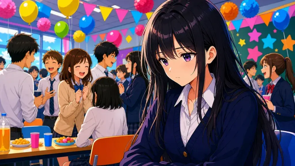 明るい場の中で愛想のよさを求められ少し疲れる黒髪少女のアニメ調イラスト