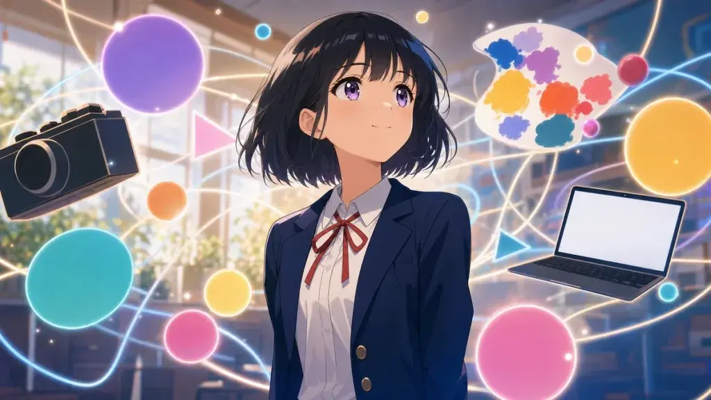 複数の興味が光の線でつながり才能の組み合わせになる黒髪少女のアニメ調イラスト