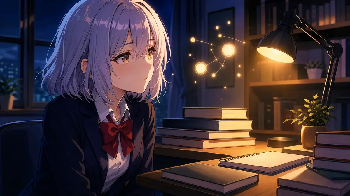 夜の机で一人深く考え知性を働かせる銀髪少女のアニメ調イラスト