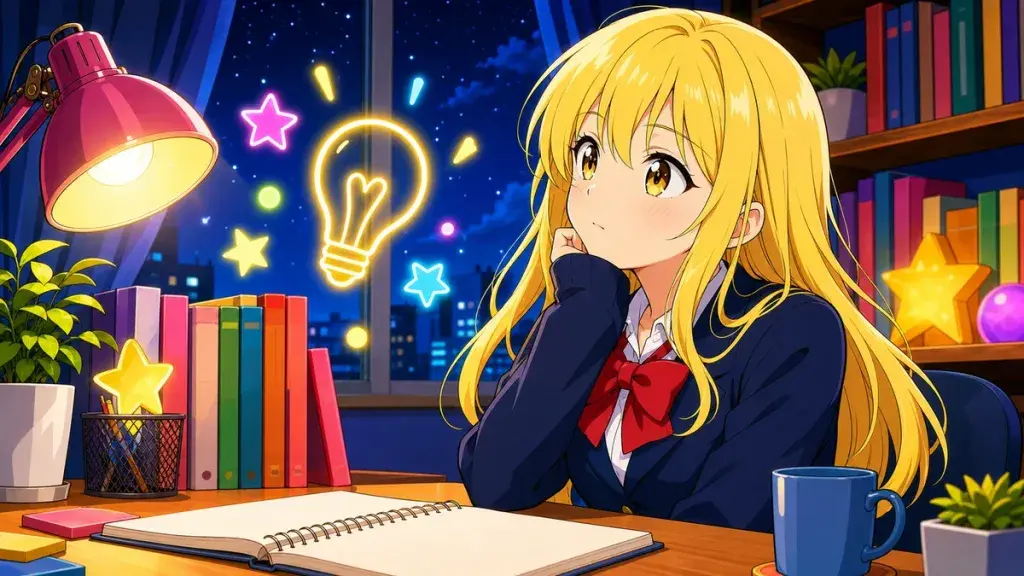 夜の机で深く考える金髪少女と光るアイデアのアニメ調イラスト