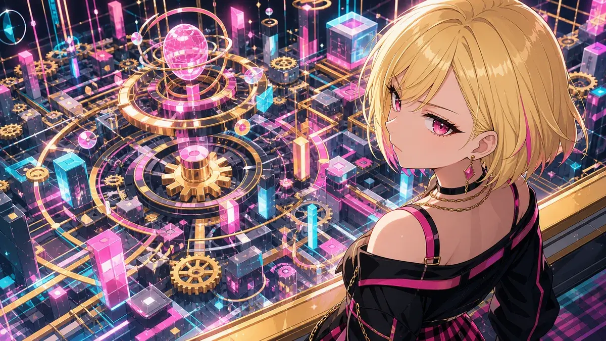 社会の仕組みを外側から眺める金髪ショートヘアのギャル少女のアニメ調イラスト