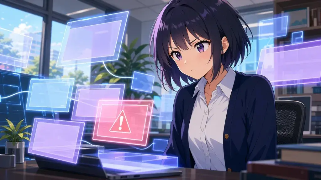 AIの抽象パネルを見て前提のズレに気づく黒髪少女のアニメ調イラスト