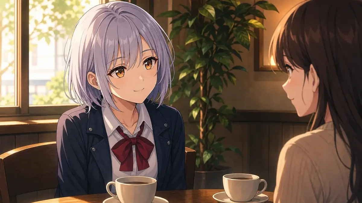 少数の信頼できる相手と落ち着いて深く話す銀髪少女のアニメ調イラスト