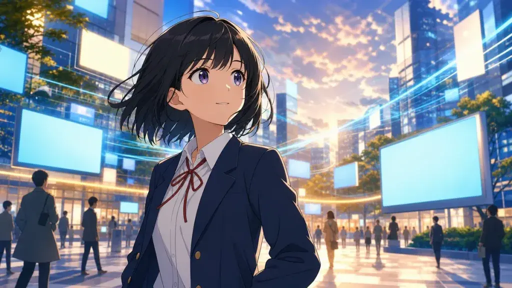 変化する街の中で好奇心を持って新しい仕事へ向かう黒髪少女のアニメ調イラスト