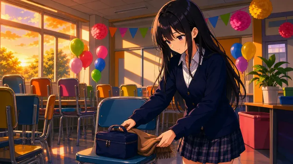 片付けをして落とし物をそっと置く黒髪少女のアニメ調イラスト