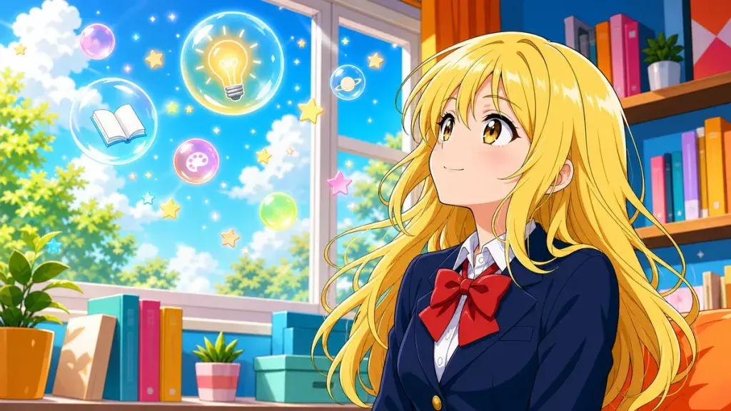 窓辺でぼんやりしながらアイデアを浮かべる金髪少女のアニメ調イラスト