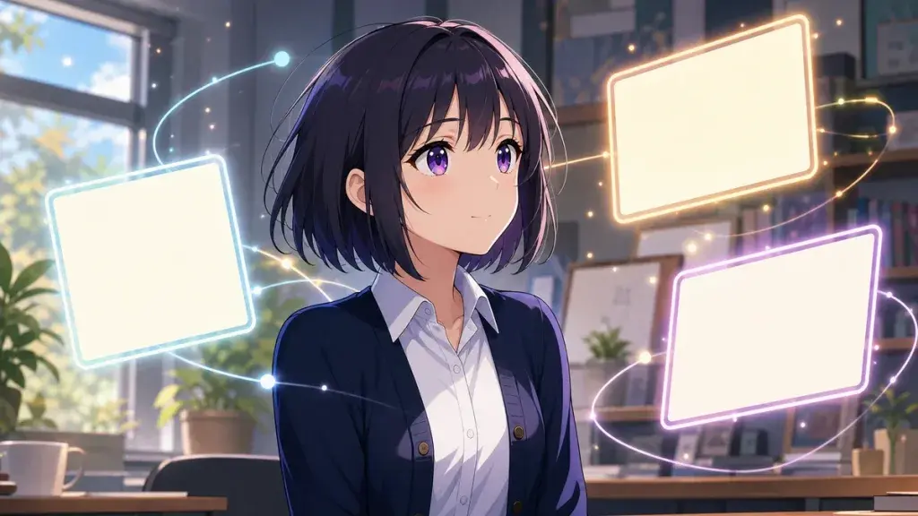違和感を空白カードと光の線で整理する黒髪少女のアニメ調イラスト