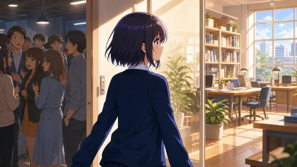 合わない集団から明るい作業場所へ向かう黒髪少女のアニメ調イラスト