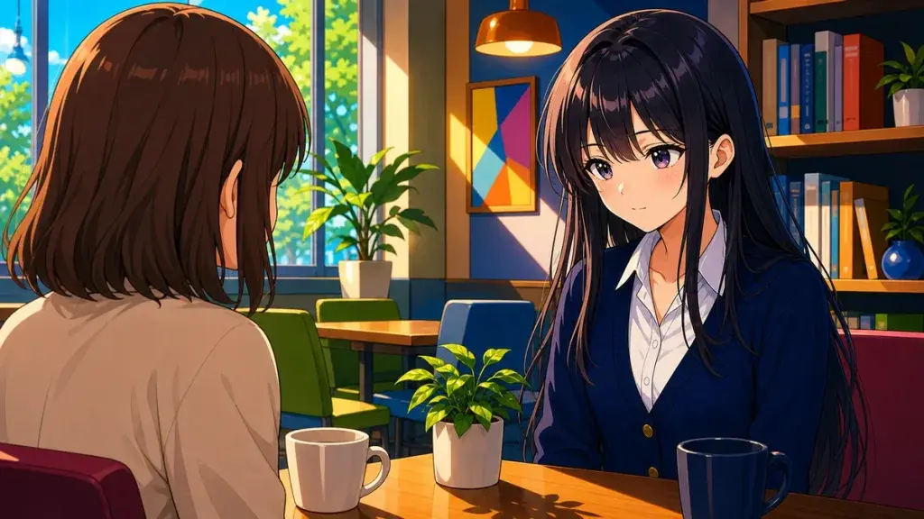 相手の距離感を守りながら穏やかに話を聞く黒髪少女のアニメ調イラスト