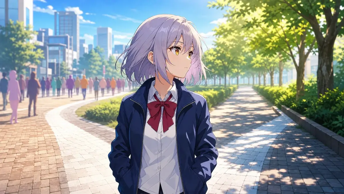 にぎやかな道と静かな道の間で自分の境界線を守る銀髪少女のアニメ調イラスト