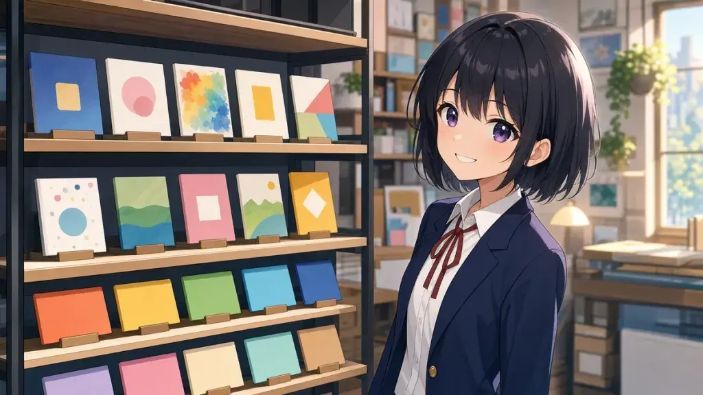 小さな作品カードを積み上げて経験を資産に変える黒髪少女のアニメ調イラスト