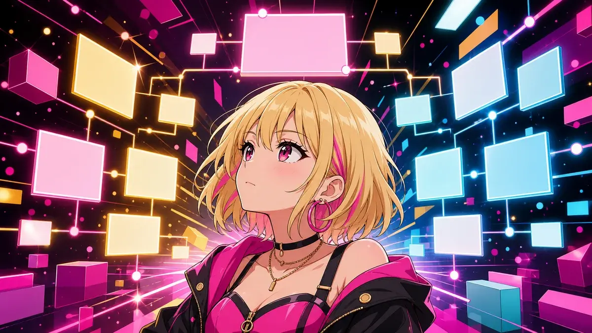 違和感を言葉に変えるように抽象カードと光を整理する金髪ギャル少女のアニメ調イラスト