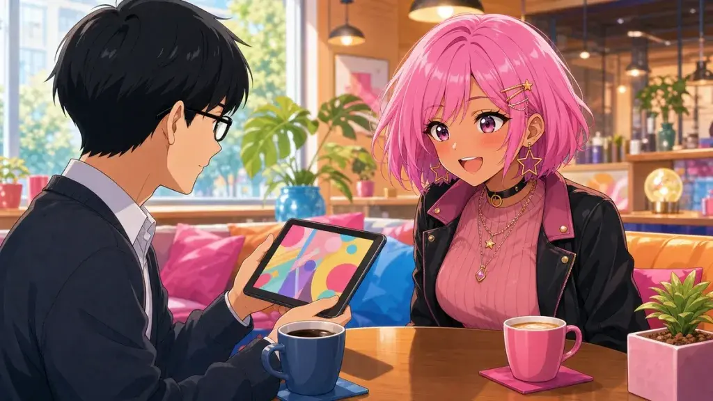 オタク青年が抽象的な画面を見せて会話が広がるカフェのアニメ調イラスト