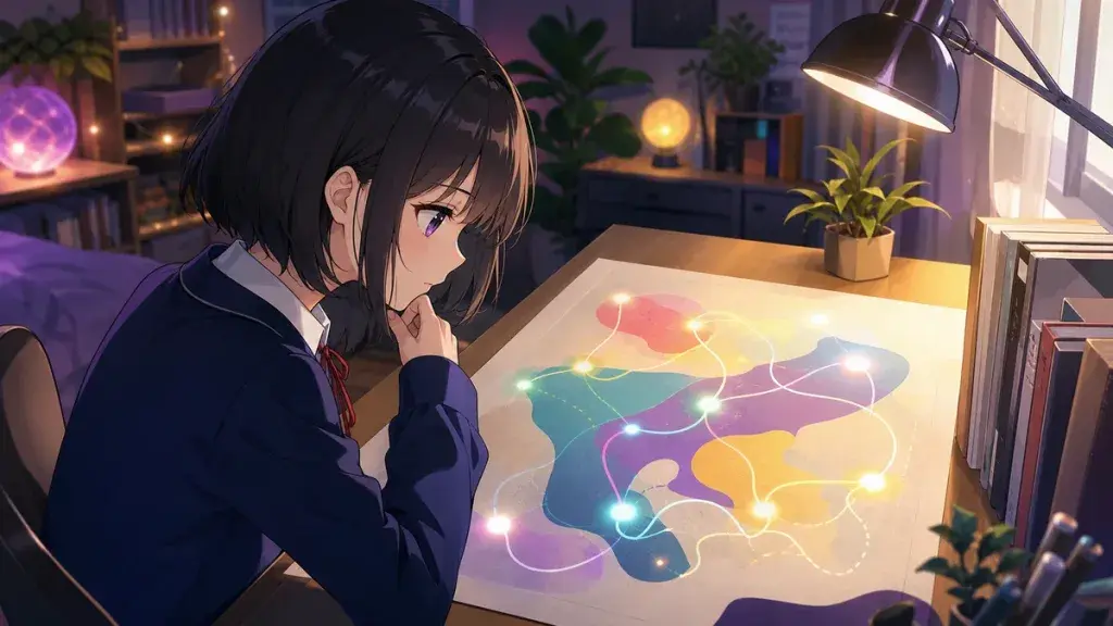 文字のない抽象的な地図を見ながら自分の熱が戻る場所を探す黒髪少女のアニメ調イラスト