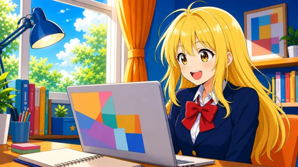 家の作業机で学習や制作に集中する金髪少女のアニメ調イラスト