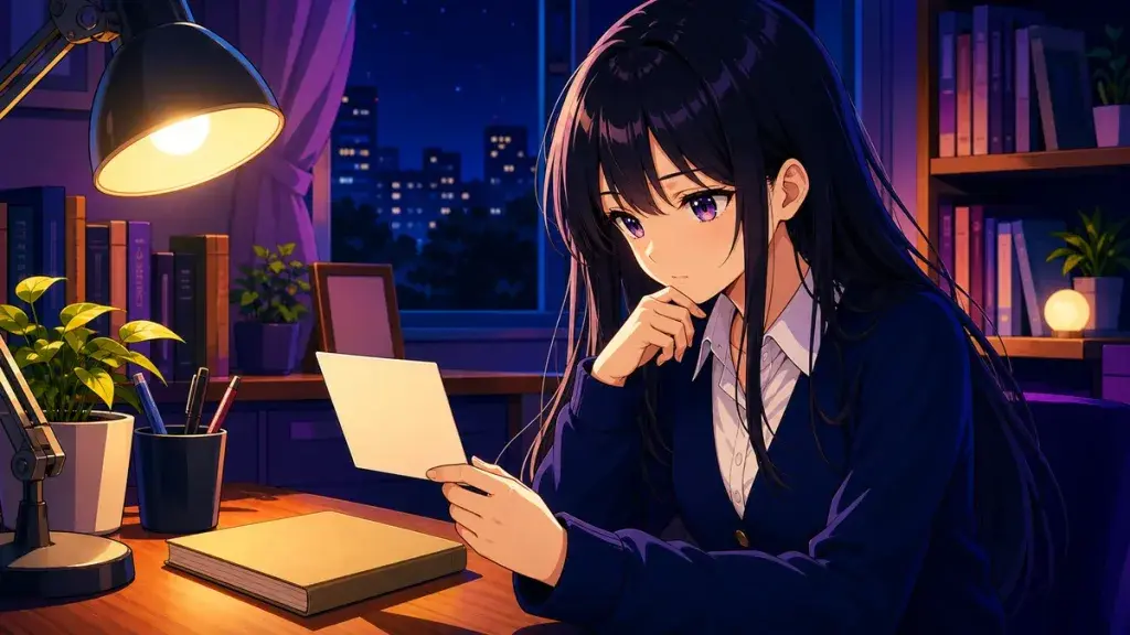 夜の机で短い言葉を考える黒髪少女のアニメ調イラスト